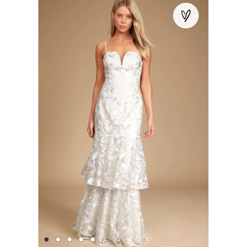 Lulu’s embroidered tiered spaghetti strap wedding dress